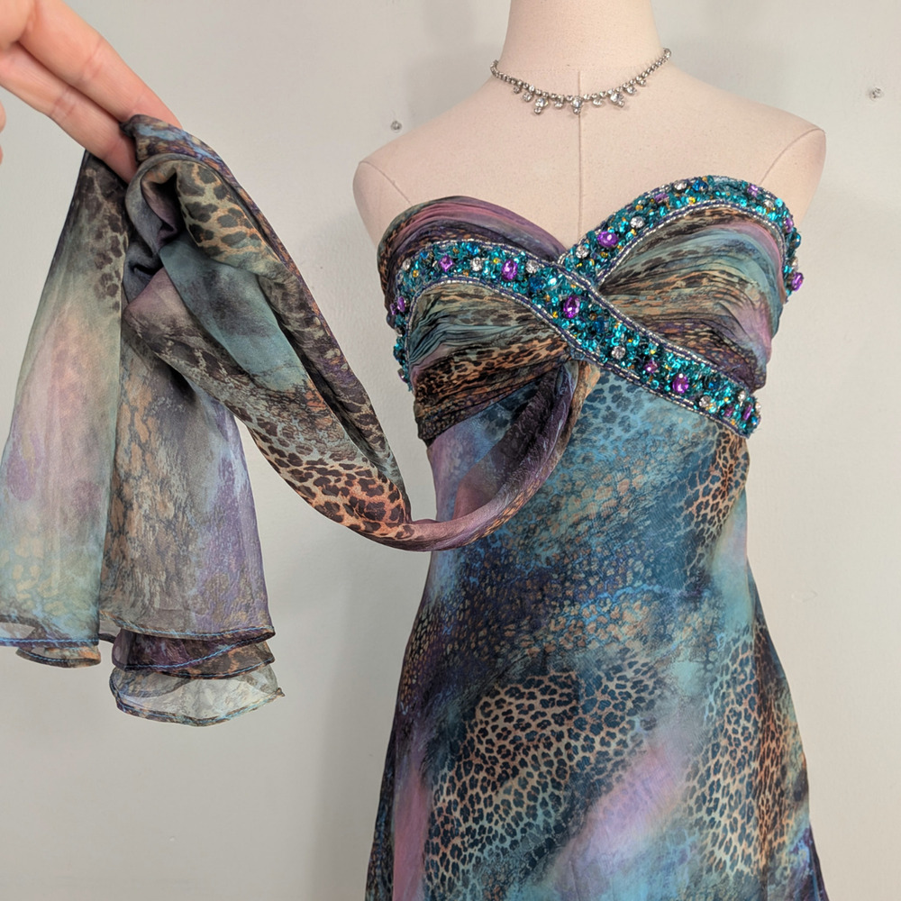 Y2K Sherri Hill Prom Dress Knee Gown 6 Purple Multi Leopard Hoco Fairy Babydoll - Picture 2 of 15